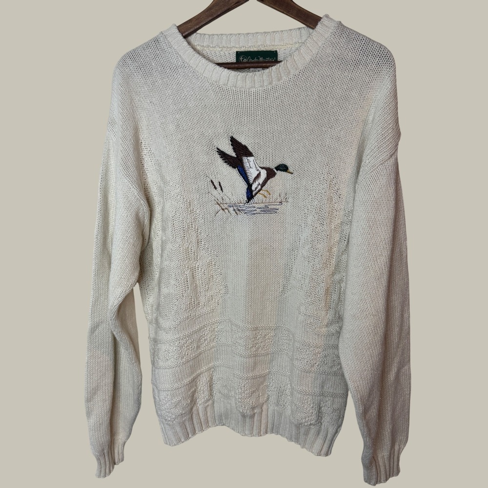 Vintage Gander Mountain Mens Medium Cotton Knit Mallard Duck Sweater Made in USA